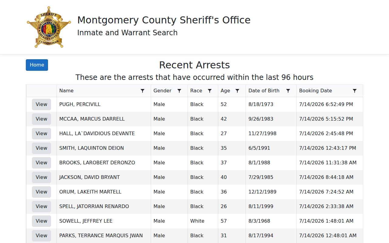 Montgomery County arrest lookup for bookings in the prior 96 hours