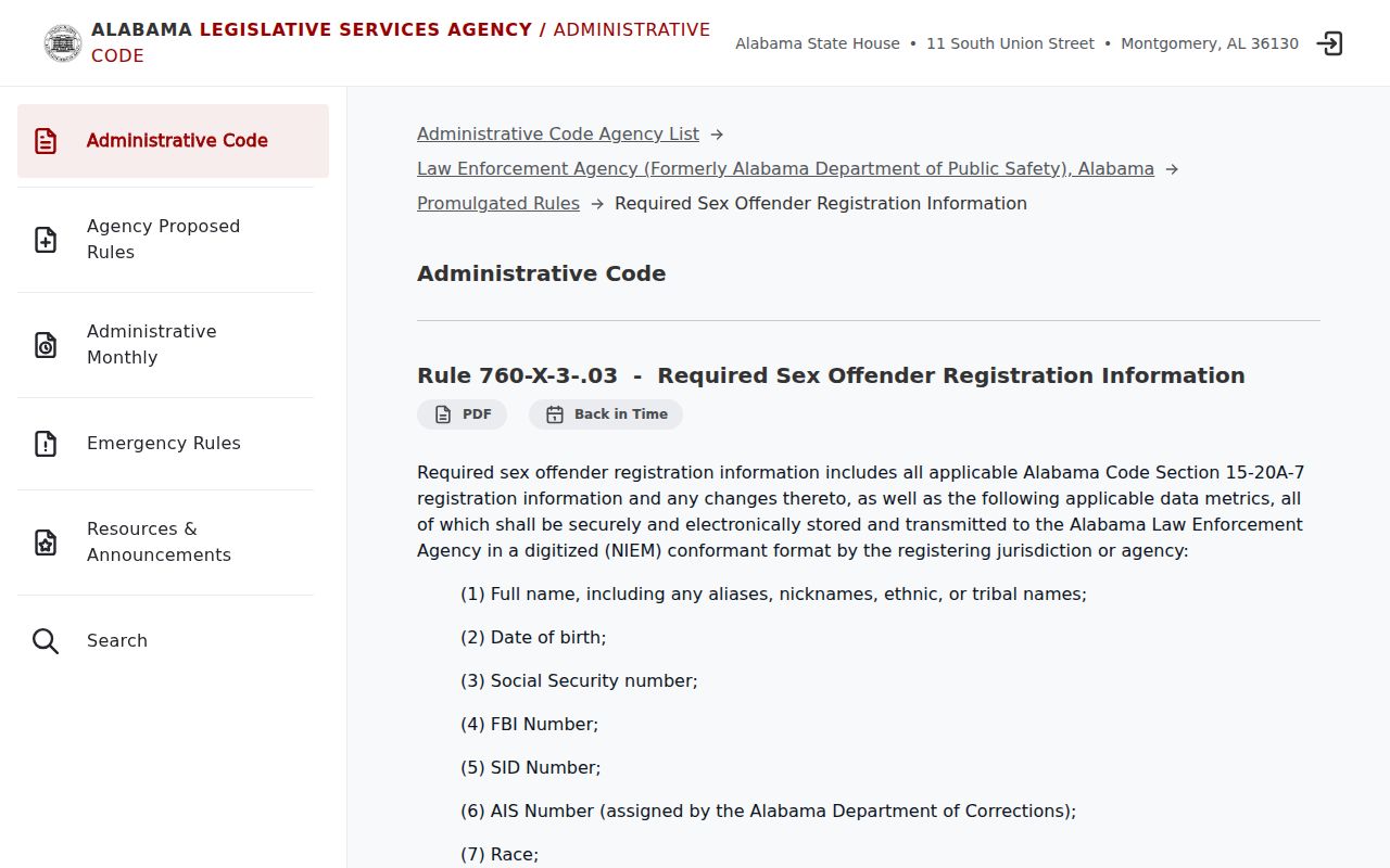 Alabama administrative rule governing Montgomery County sex offender registry records